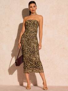 Glamine Women's Summer Fashion Leopard Print Ruched Bodycon Strapless Dress - Khaki - View 3