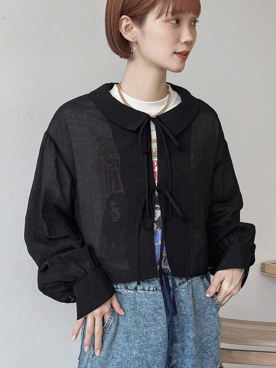 FRIFUL Ladies' Solid Color Simple Daily Long Sleeve Shirt - Black - View 1