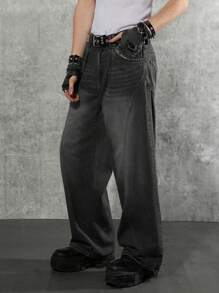 Manfinity Denimwave Jeans holgados de pierna ancha de color gris oscuro, jeans cargo negros lavados llanos largos para regalos de esposo o novio