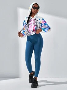 SHEIN Explorewe 少女2入組街頭風格休閒塗鴉字母貓咪印花帽衫外套和緊身褲 - 彩色 - 查看 4