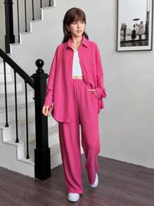 SHEIN Leap Crew Teen Girl Fall Pocketed Casual College Style Shirt Vest Pants 3-Piece Set - Hot Pink - View 7