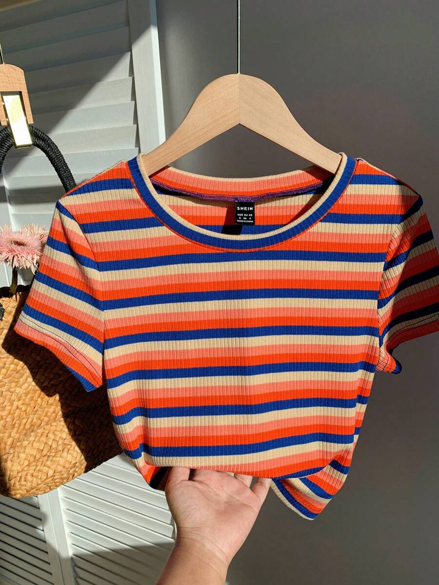 Comfortcana Colorful Striped Knitted Slim Fit Women's T-Shirt - Orange - View 1
