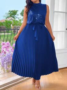Celure Plus Size Women's Elegant Patchwork Sequin Stand Collar Pleated Hem Summer Dress
