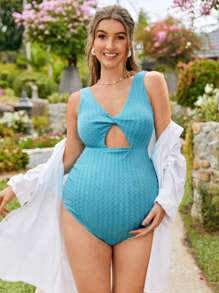 SHEIN 纯色简约无袖孕妇日常连体泳衣夏季 - 藍色 - 查看 7