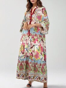 Plus Size Casual V-Neck Printed Dress For Women - Red - View 1