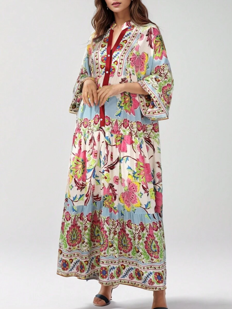 Plus Size Casual V-Neck Printed Dress For Women - Red - View 1