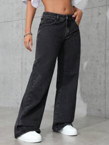 SHEIN ICON 女式直筒宽松休闲黑色牛仔裤，带口袋，百搭 - 黑色 - 查看 6