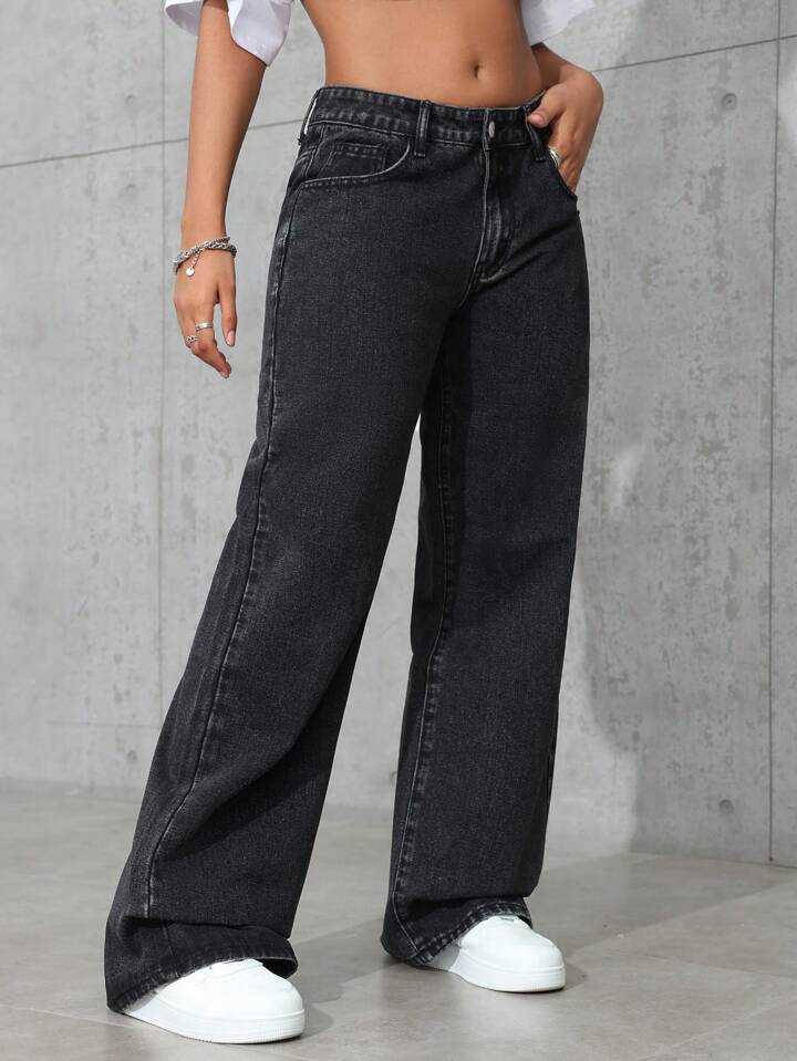 SHEIN ICON Women's Straight-Leg Loose-Fit Casual Black Jeans