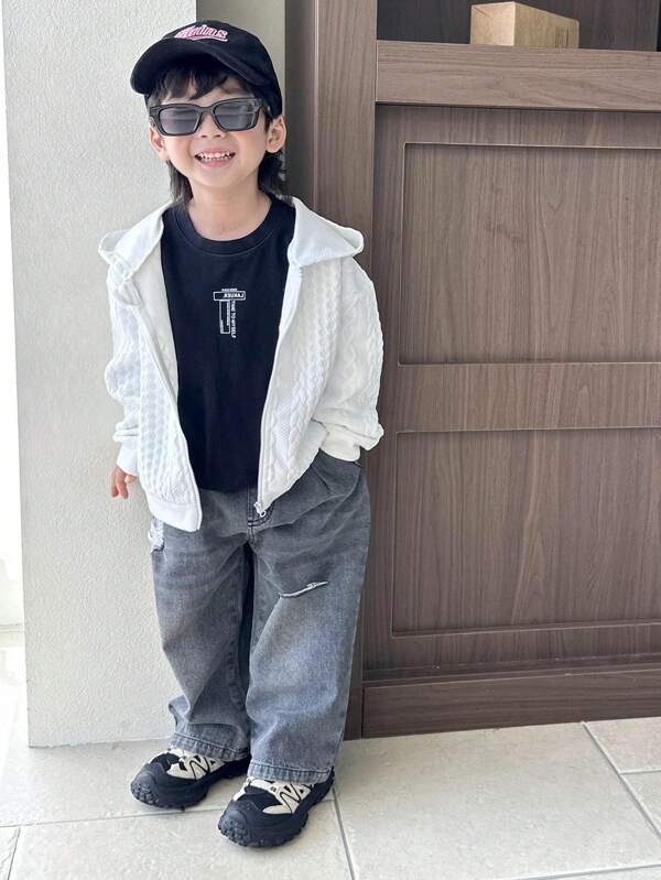 SHEIN Sudadera con capucha con cierre estilo coreano de tejido jacquard para niño, casual de manga larga para otoño/invierno, adecuada para uso casual, en casa, diario y estilo callejero