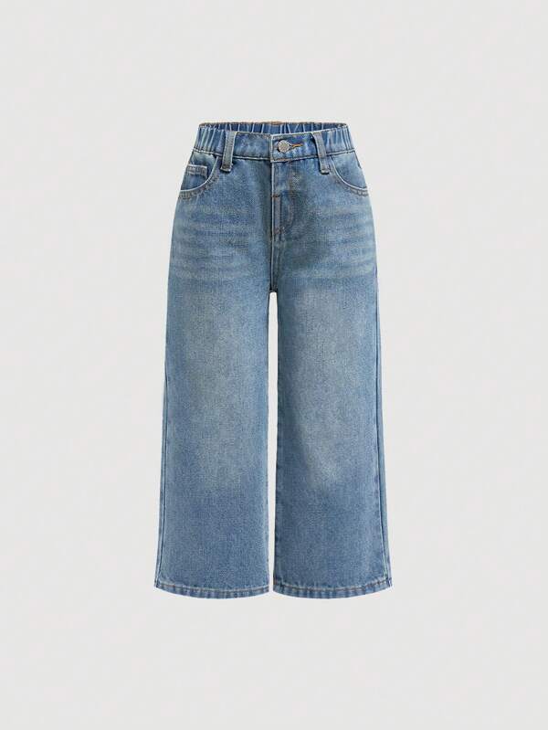 SHEIN Pantalones vaqueros anchos y holgados de mezclilla azul para niñas jóvenes, pantalones vaqueros anchos de verano bohemios de mezclilla delgada