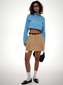 Forever 21 Camisa de manga larga corta de unicolor simple diaria para mujer - Azul - Ver 6