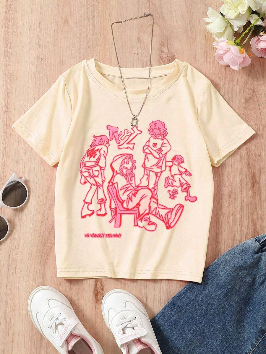 適合青少女夏季穿著的短袖字母與卡通人物印花休閒T恤 - 黃色 - 查看 1