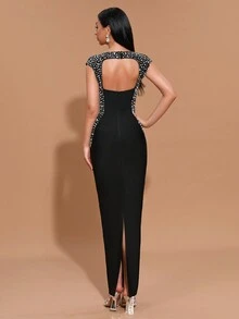 Modphy Đầm dài ôm sát màu đen không tay cổ chữ V đính đá lấp lánh, hàng mới về, thanh lịch dành cho tiệc sinh nhật, tiệc tối trang trọng, dạ hội, tiệc cưới, lễ tốt nghiệp, mùa xuân. - màu đen - Xem 2