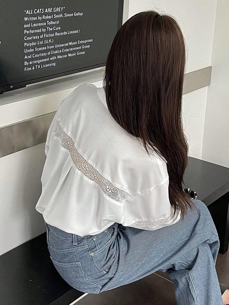 Solid Color Loose Long Sleeve Shirt With Lace Collar For Women