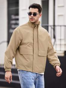 Manfinity VCAY Men's Loose Woven Stand Collar Open Front Jacket, Autumn - Khaki - View 4