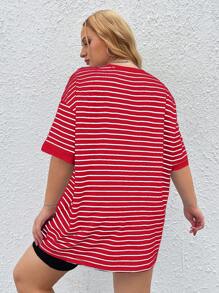 SHEIN EZwear Valentine's Day,Plus Size Women's Summer Loose Striped & Printed Round Neck Drop Shoulder Short Sleeve Casual T-Shirt