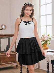 Summer Teen Girls' Sweet And Casual Design Short Jacket With Bowknot Strap Vest And Fluffy Pleated Skirt 3pcs Set Ideal For Daily Outings, Commuting, Leisure And Street Photography