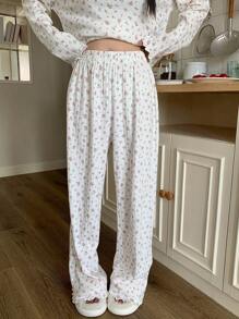 DAZY 宽松碎花印花宽圆领长袖上衣和裤子睡衣套装，白色，波浪边设计，秋冬服装 - 白色 - 查看 6