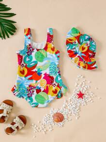 Traje de baño de una pieza sin mangas para niñas con patrón de frutas tropicales, verano