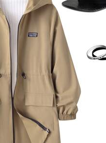 SHEIN Teen Boys' Casual Hooded Windbreaker, Khaki Jacquard Fabric With Elastic Pig Nose Buckle, Mid-Length With Pocket Pouch, Windproof, Suitable For Autumn/Winter Warmth, College/Everyday Wear, Sports, Versatile And Simple
