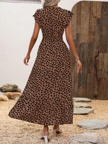 SHEIN LUNE Vestido de cuello en V con estampado de leopardo cortado al azar para mujer - Café - Ver 2