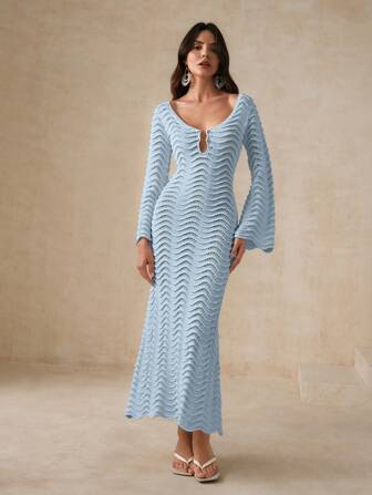 Anewsta Solid Color Sexy Knitted Hollow Out Wave Flared Sleeve Beach Dress For Summer Beach Vacation