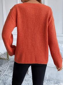 Chiquease Casual Orange Shoulder Button Decorated Sweater, Autumn/Winter Knit Pullover Fall Outfit