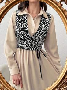 Mulvari Conjunto de 2 piezas de vestido de camisa de unicolor con chaleco de estampado de cebra casual para mujer en primavera y otoño