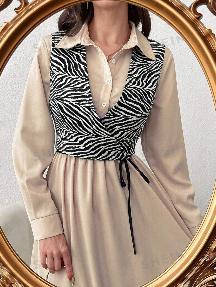 Mulvari Conjunto de 2 piezas de vestido de camisa de unicolor con chaleco de estampado de cebra casual para mujer en primavera y otoño