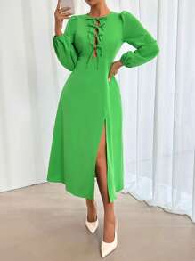 Chiquease Solid Color Chest Knot Long Sleeve Dress With Thigh-High Slit  Green Long Dress Fall Dress - Green - View 3