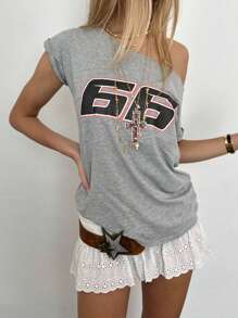 INAWLY 女士夏季不对称领口短袖休闲 T 恤搭配数码印花图案 T 恤女式上衣 - 淺灰色 - 查看 8