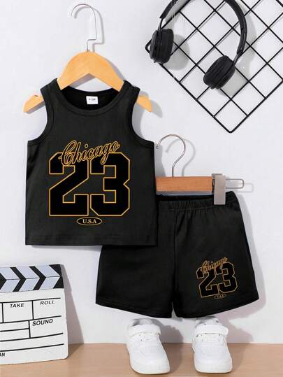 Baby Boy Fun English Numerals Printed Vest And Shorts Set For Summer
