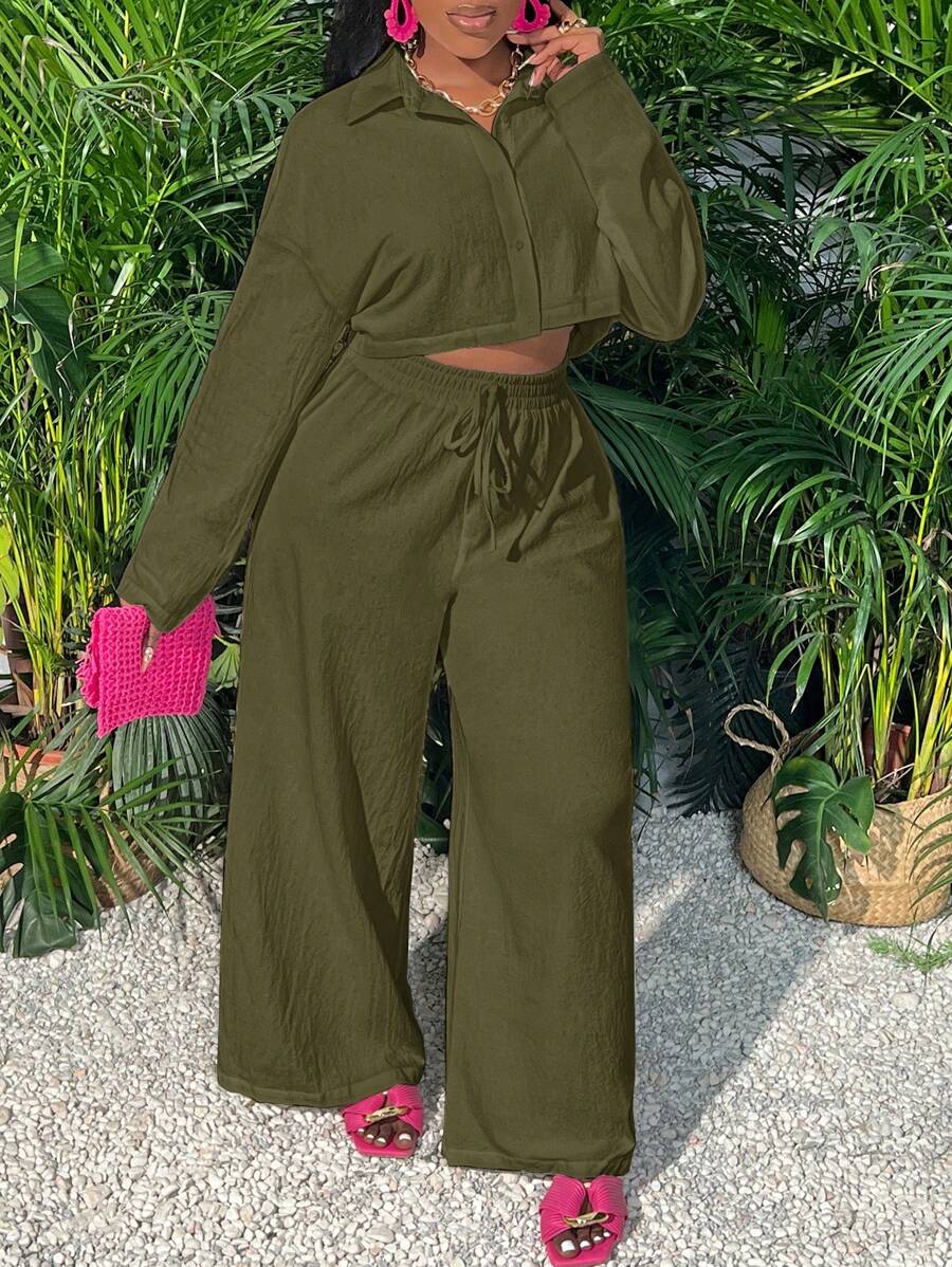 Slaydiva Setelan Wanita 2 Potong Atasan Crop Lengan Panjang Putih Longgar Kasual dan Celana Longgar -Z - Hijau Tentara - View 1