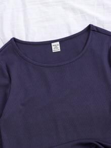 Teen Girls' Comfortable Casual Ribbed Long Sleeve Top And Long Pants Two-Piece Homewear Set, Navy Blue