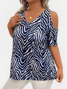 EMERY ROSE Plus Size Women's V-Neck Short Sleeve Open Shoulder Zebra Printed T-Shirt, Summer Graphic Tees Women Tops - Blue and White - View 6