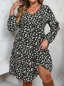 SHEIN LUNE Plus Size Fall Outfits Ditsy Print Lantern Sleeve Ruffle Hem Smock Dress For Fall Fall Women Clothes Fall Wedding Guest Dress Business Casual Woman Work Dress Business Dress
