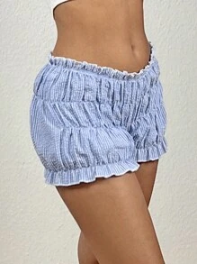 SHEIN EZwear Quần short nữ màu trơn kẻ sọc viền bèo nhún, thích hợp mặc hàng ngày. - Màu xanh lam - Xem 4