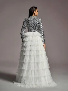 Đầm dạ hội dài tay thanh lịch cổ cao đính sequin với viền lưới xếp lớp tương phản, thích hợp cho khách dự đám cưới, dạ hội, lễ tốt nghiệp. - Bạc - Xem 3