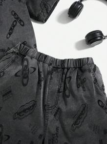 SHEIN 青少年男孩 2 件套牛仔效果休闲破洞超大连帽短袖 T 恤和阔腿短裤套装，适合夏季服装 - 黑色 - 查看 4