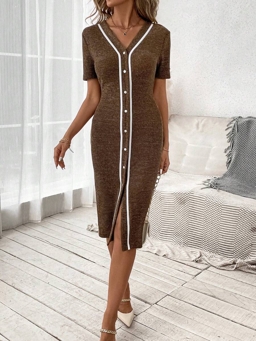 SHEIN Clasi Women's Knitted V-Neck Bodycon White With Contrast Stripes, Short Sleeves, Mermaid Brown, Slimming, High Elastic, Elegant Spring Summer And Autumn/Fall Dress