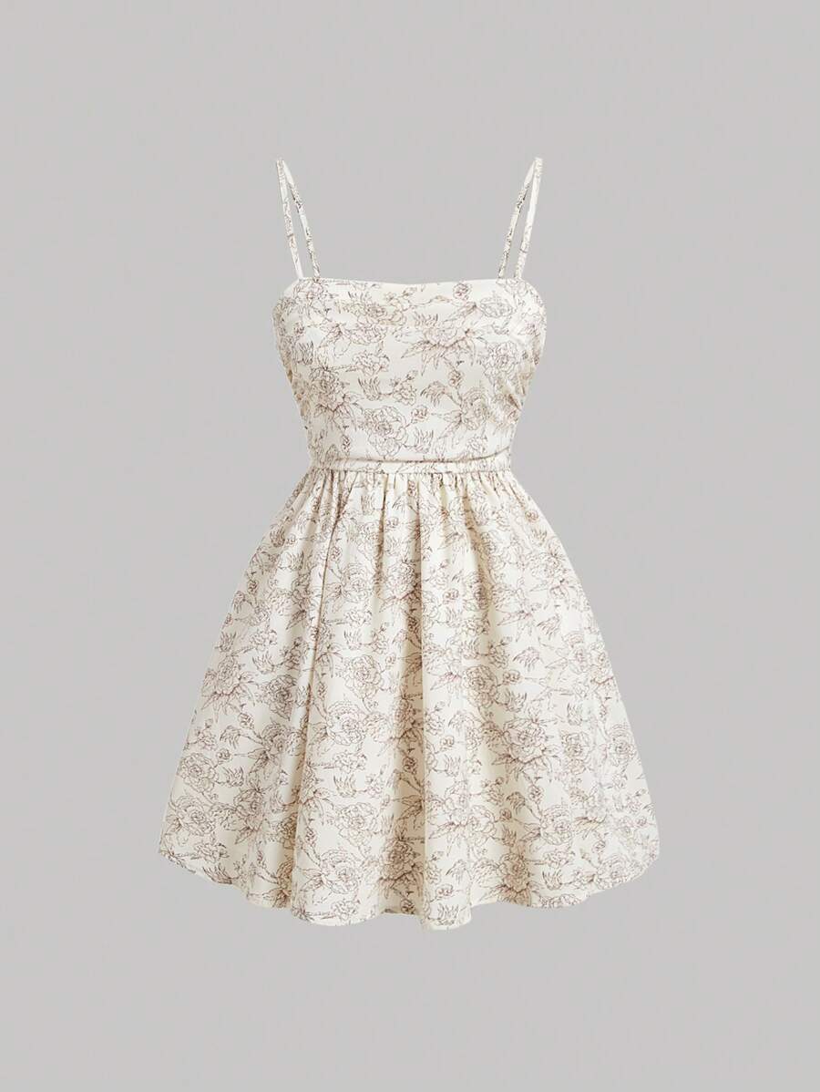 SHEIN MOD 蓝色复古印花蝴蝶结腰带浪漫女孩夏季细肩带连衣裙 - 杏色 - 查看 1