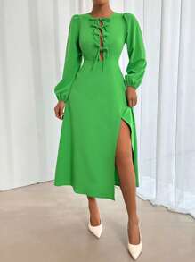 Chiquease Solid Color Chest Knot Long Sleeve Dress With Thigh-High Slit  Green Long Dress Fall Dress - Green - View 1