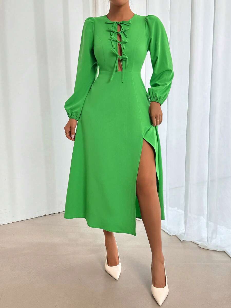 Chiquease Solid Color Chest Knot Long Sleeve Dress With Thigh-High Slit  Green Long Dress Fall Dress - Green - View 1