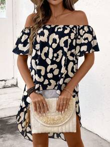 SHEIN LUNE Camisa de mujer de hombros descubiertos con estampado de leopardo, top con bajo asimétrico y alto bajo para mujer