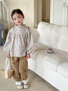 SHEIN Young Girls' Random Print Long Sleeve Top And Pants Set - Khaki - View 3