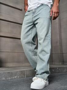 Manfinity Homme Men's Loose Fit Straight Leg Denim Jeans With Pockets, Casual & Versatile - Light Wash - View 5