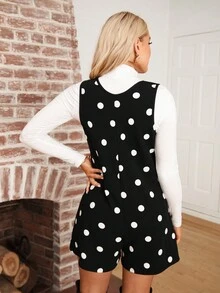 SHEIN LUNE 女式休閒黑色波點連身褲，具有雙口袋和按鈕裝飾短褲 - 黑與白 - 查看 2