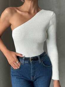 SHEIN PETITE One Shoulder Ribbed Knit Sweater - White - View 5