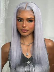 Ren trong suốt Màu Xám Thẳng 13*4 Ren Mặt Trước Bộ Tóc Giả Màu Bạc Tóc Tóc Giả Trước Nhổ Dành Cho Nữ - SGray - Xem 2