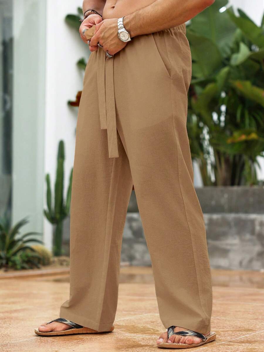 Manfinity Homme Pantalones de lino informales con tapering de unicolor para hombres - Caqui - Ver 1